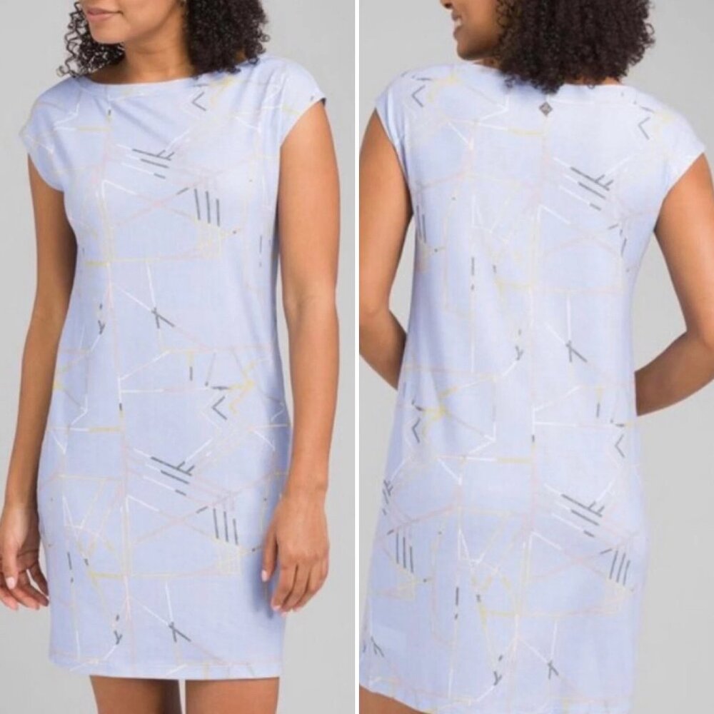 PrAna Sanna Shift Dress Medium Blue Sheen Jigsaw Cap Sleeve Stretch Knit Geo